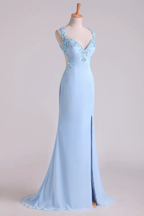 Luolandi A Line Halter Beaded Bodice Open Back Party Dresses Chiffon With Slit Sexy Evening Dress